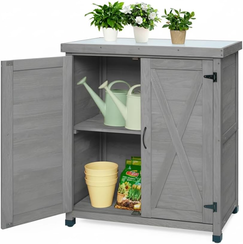 31" Weatherproof Small Storage Cabinet, Storage Cabinets with Premium Wood, Tool Cabinet with Magnetic Door for Patio & Garage, Gray