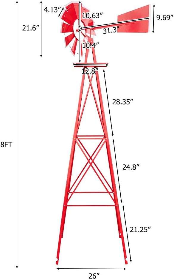 8FT Windmill for Yard Garden Decoration with Weather Vanes，Heavy Duty Outdoor Wind Mills, Large Metal Outdoor Windmill,Weather Resistant,Red