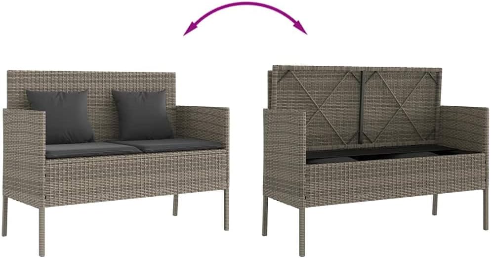 Patio Storage Bench with Cushion, PE Rattan Garden Bench with Waterproof Bag, Outdoor Seating and Storage Box for Cushions and Towels, Gray