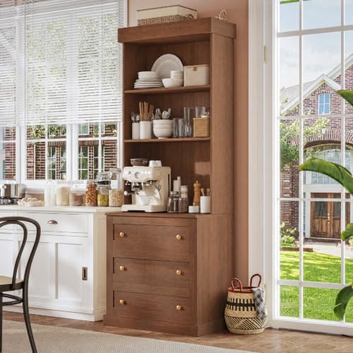 71" Farmhouse Kitchen Pantry Cabinet with Drawers, Set of 4 – Dark Brown Freestanding Coffee Bar Hutch with Adjustable Shelves, Large Storage Cabinet with Microwave Stand for Living Room & Kitchen