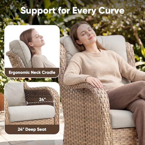 Belord 6 Piece Wicker Patio Furniture Set, Outdoor Swivel Rocker Chairs Set of 2 with Ottomans and 3 Seater Sofa, All Weather Patio Conversation Furniture Set, for Pool,Yard Yellow Wicker/Beige