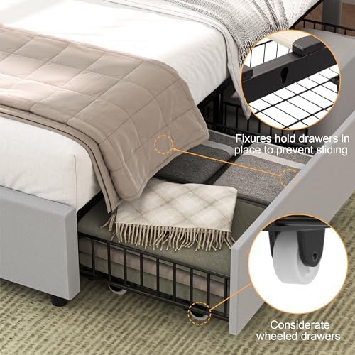 VECELO Full Size Bed Frame with 4 Drawers, Adjustable Tufted Button Headboard, Upholstered Platform with Wood Slats Support, Built-in USB and Type C Ports, Light Gray