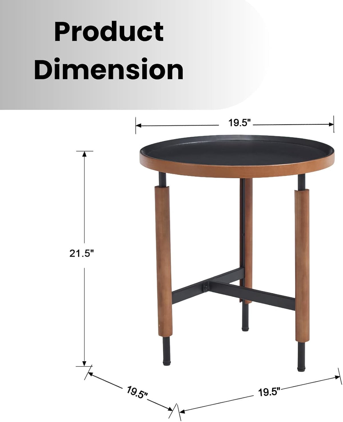 DUOMAY Modern Round Wood Side Table, 19.5'' Wide End Table with T-Shaped Metal Base, Round Tubular Iron Legs Covered with Rubber Wood for Living Room, Lounge, Office, Apartment, Black