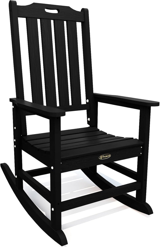 THOEOE Outdoor Rocking Chairs, Oversized Patio Rocking Chair | HDPE Outdoor Rockers for Front Porch, Patio, Backyard, Balcony and Garden. All-Weather High Back Design, Black