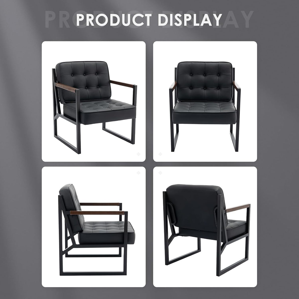 COLAMY Mid Century Modern Accent Chair Set of 2, Comfy Living Room Chair, Black Leather Accent Chair, Faux Leather Reception Armchair with Metal Legs for Living Room Bedroom Reception Office, Black