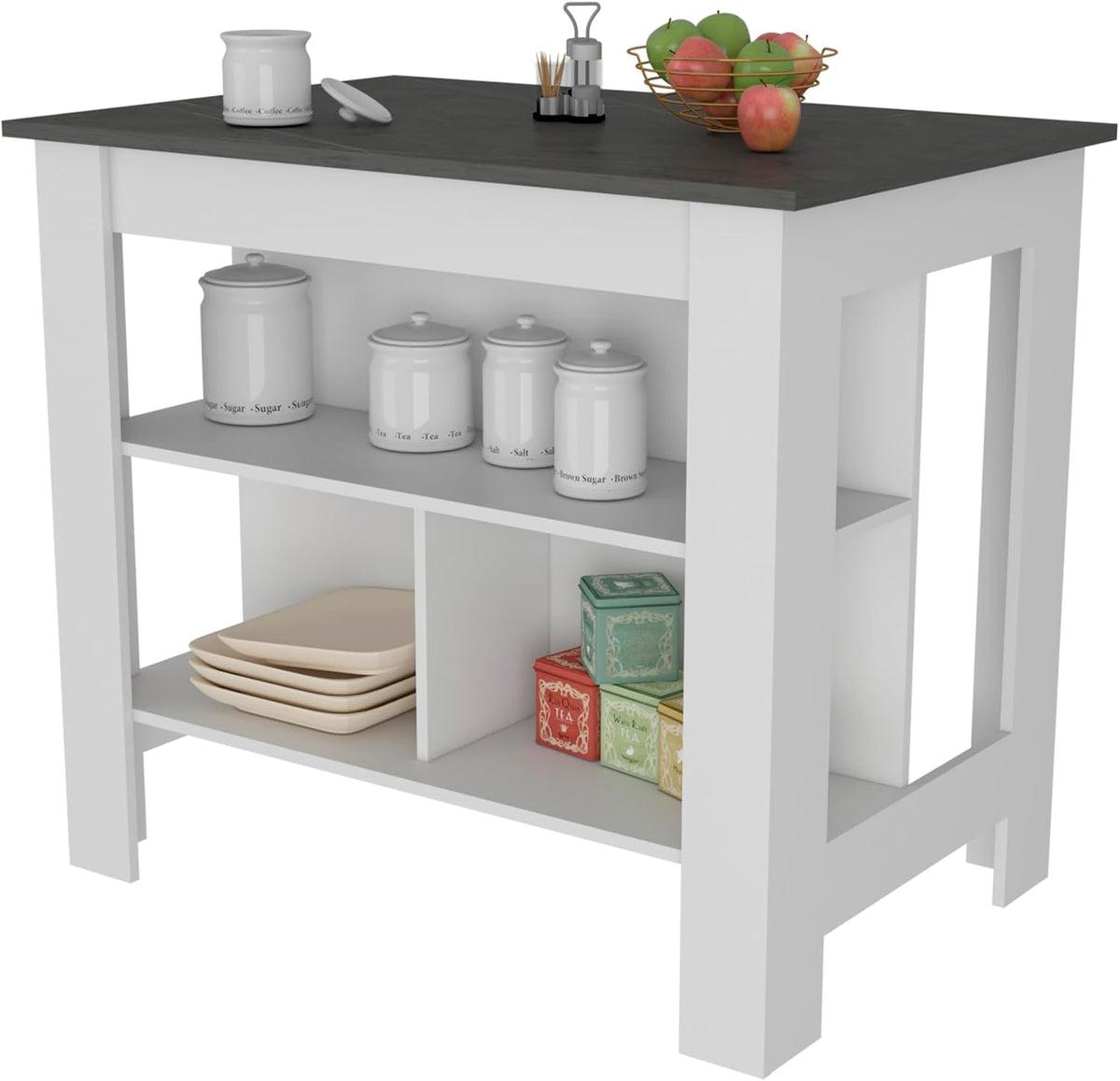 Kitchen Island with Three Shelves, White and Onyx Finish | Three storage shelves with varying dimensions for organized kitchen storage
