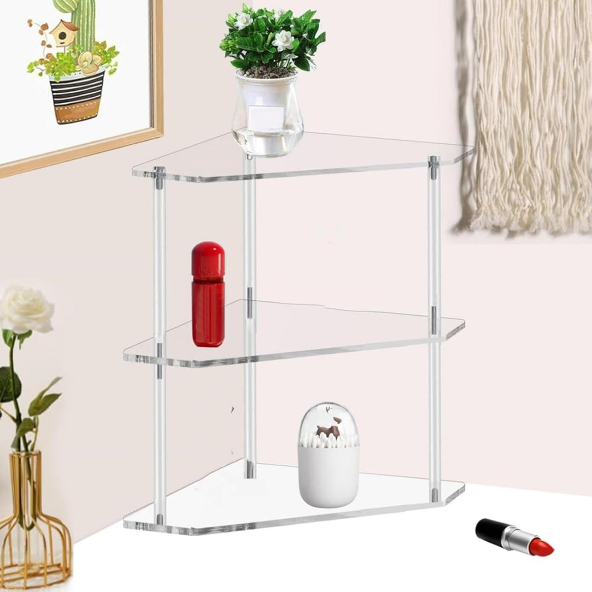 Yosoo Acrylic Corner Table, Small 3 Tier Triangular End Table, Transparent & Stable, Easy to Install, Suitable for Living Room, Bedroom, Study Arrangement