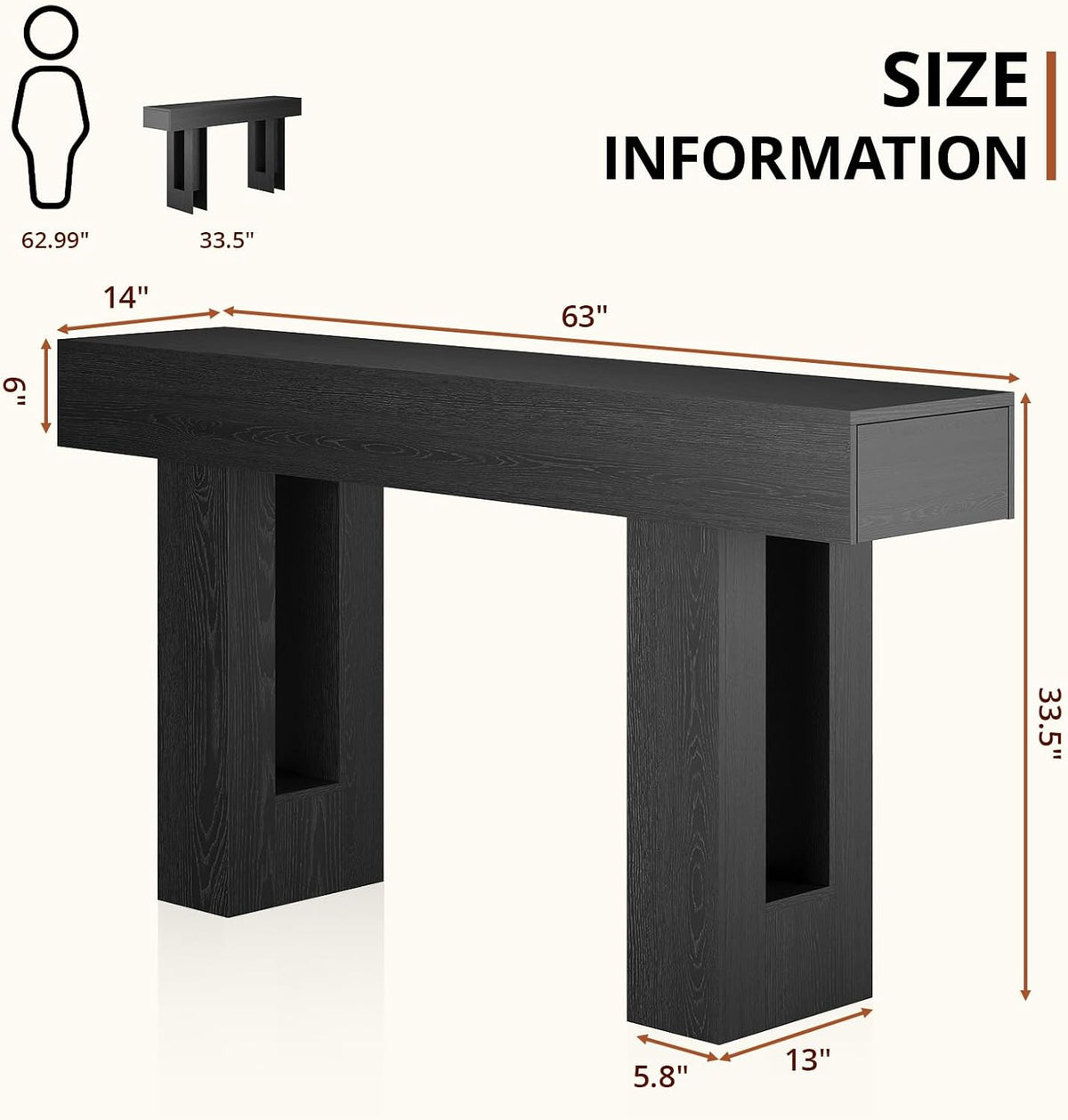 Airynee 63 Inches Long Console Table for Entryway with Drawers, Wooden Sofa Table Behind Couch, Industrial Entry Table for Living Room, Foyer, Hallway, Black