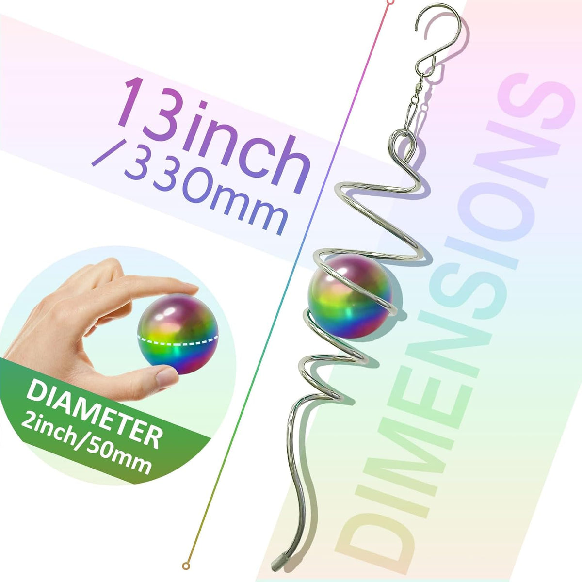 Gazing Ball Spiral Tail,Wind Spinners Stabilizer with Multi Colors Orb,Wind Spinner Tail Visual Illusion in Spinning,Hanging Rotating Art Decor,Indoor Outdoor Garden Decoration-13in