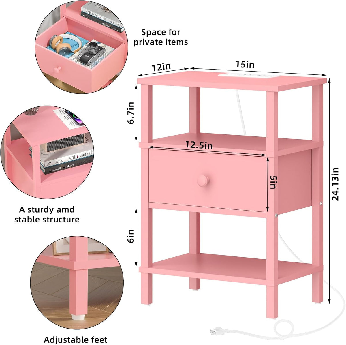 Lerliuo Nightstand with Charging Station and USB Ports, 3-Tier Storage Pink End Table with Drawer Shelf, Night Stand for Small Spaces, Wood Bedside Table for Living Room, Bedroom - ‌Light Pink
