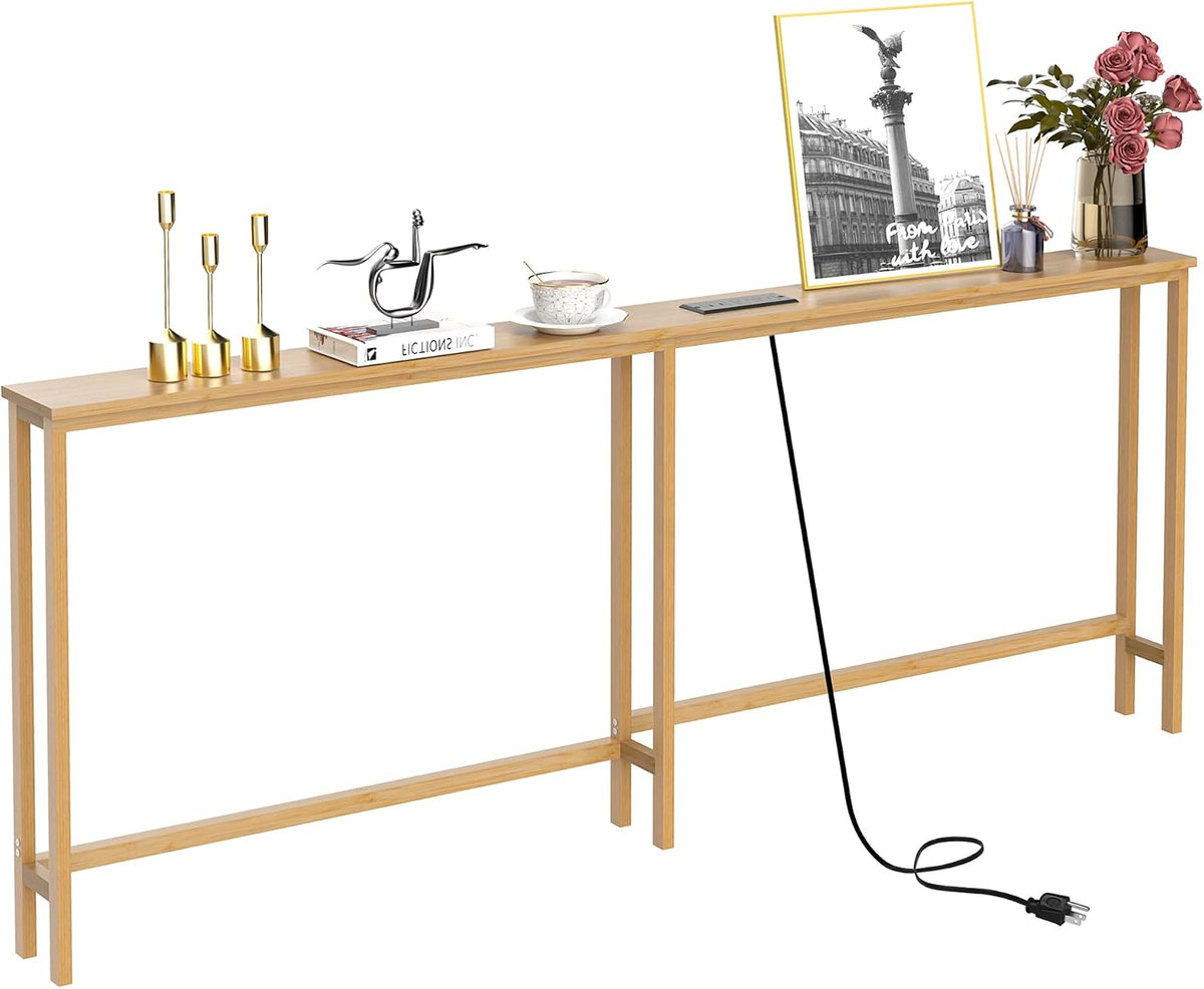 VASMIA 70.9 Inch Narrow Console Table with Outlet,Bamboo Behind Couch Sofa Table,Skinny Hallway Table for Entryway Living Room,Foyer,Natural
