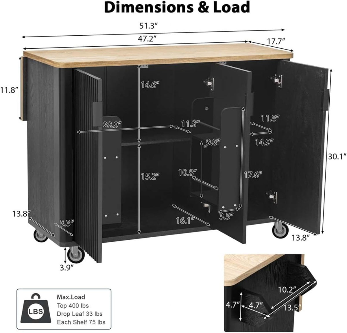 Kitchen Island with Drop Leaf with Drop Leaf Height-Adjustable Shelves, Farmhouse Kitchen Island with Wheels Towel Rack， for Kitchen, Dining Room, Black