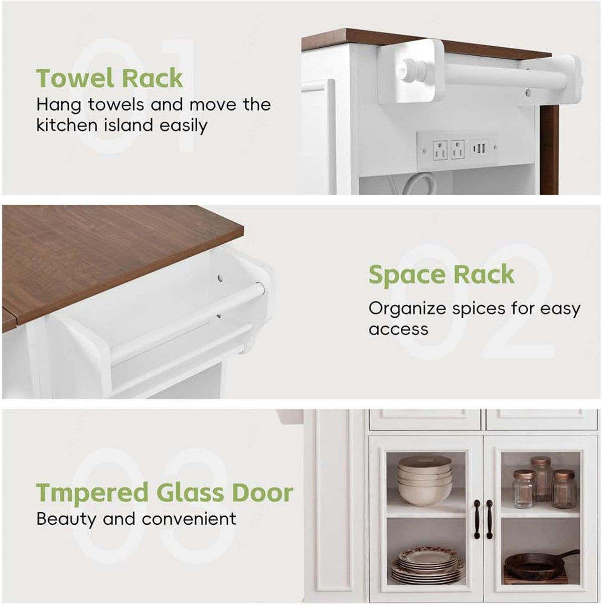 Kitchen Storage Islands and Carts with Internal Storage Rack, Power Outlet and Open Shelves, Rolling Island for Kitchen with Knife Holder, for Kitchen, Dining