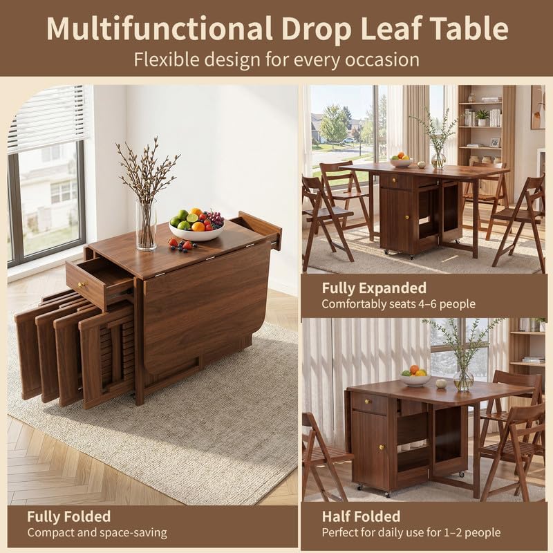 Folding Drop Leaf Dining Room Table 4-6 Seater with Storage and Lockable Wheels, 51" Fully Assembled Solid Wood Space-Saving Foldable Kitchen Table (Walnut)