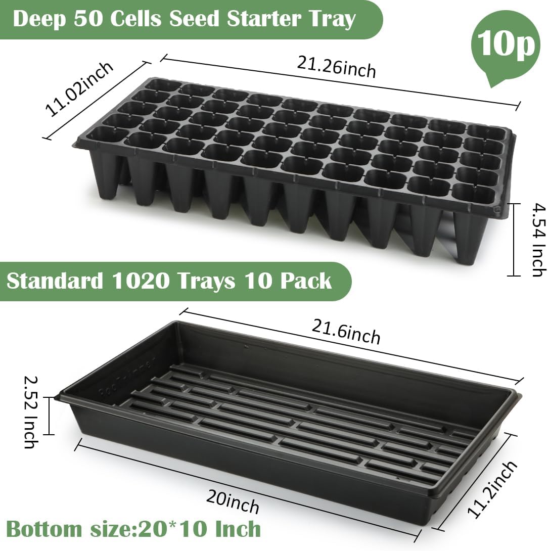 10 Pack 1020 Trays with 10 Pack 3.54" Deep 50 Cell Seed Starter Trays - Seed Starting Kit for Gardening, Durable Plastic Nursery Trays for Seed Germination & Plant Propagation (10 Set)
