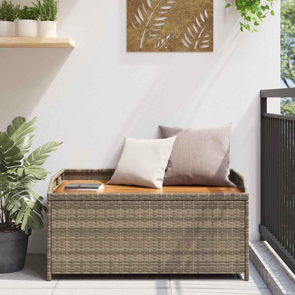 Outdoor Storage Bench with Waterproof Liner, 39.4-inch PE Rattan Garden Seat with Acacia Wood Accents, Patio Deck Box for Cushions and Gardening Supplies, Gray