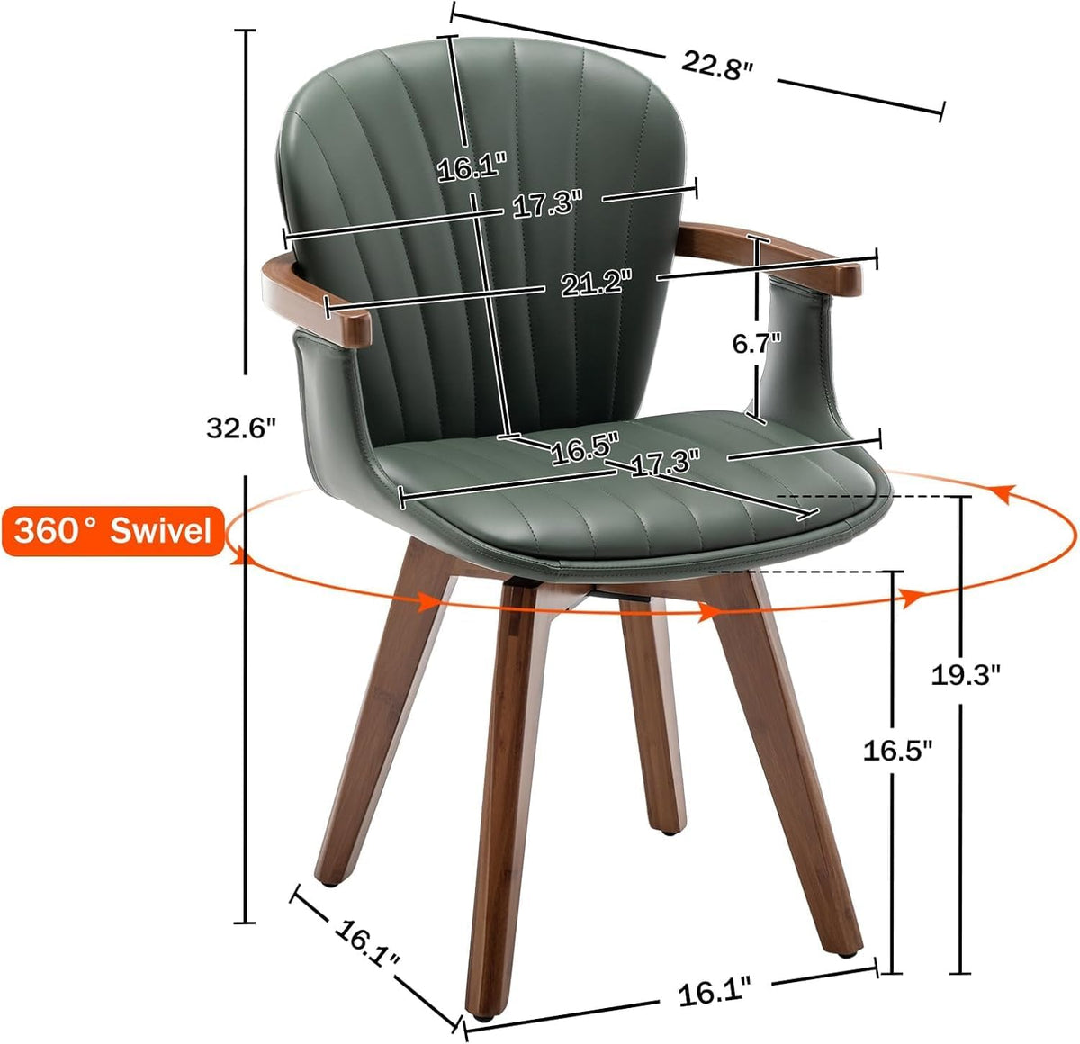 LUNLING Swivel Dining Chairs, Mid Century Modern Green Faux Leather Kitchen Chairs with Arms,Bamboo Legs Side Chairs No Wheels,Accent Chair for Dining Rooms and Offices,1PCS