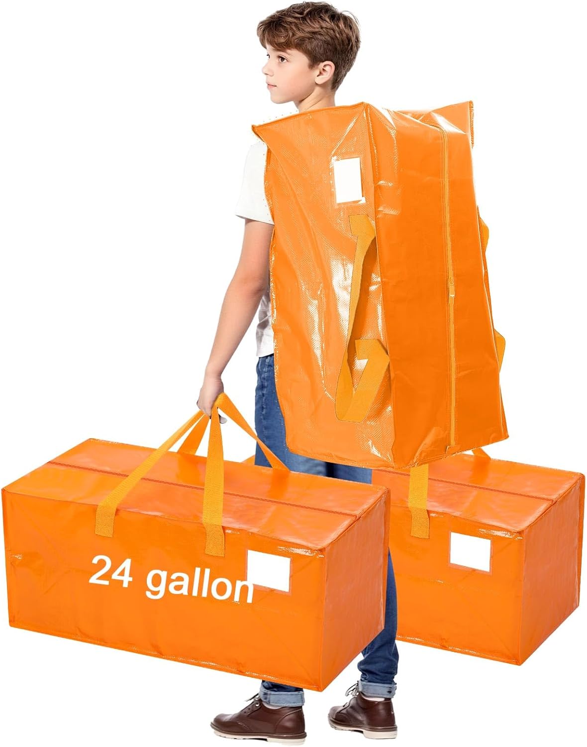 4 Pcs 24 Gallon Large Moving Bags with Zipper and Handles Foldable Storage Duffle Bags Heavy Duty Extra Large Totes for College Dorm Travel Clothes Blankets Bedding Moving (Jelly Orange)