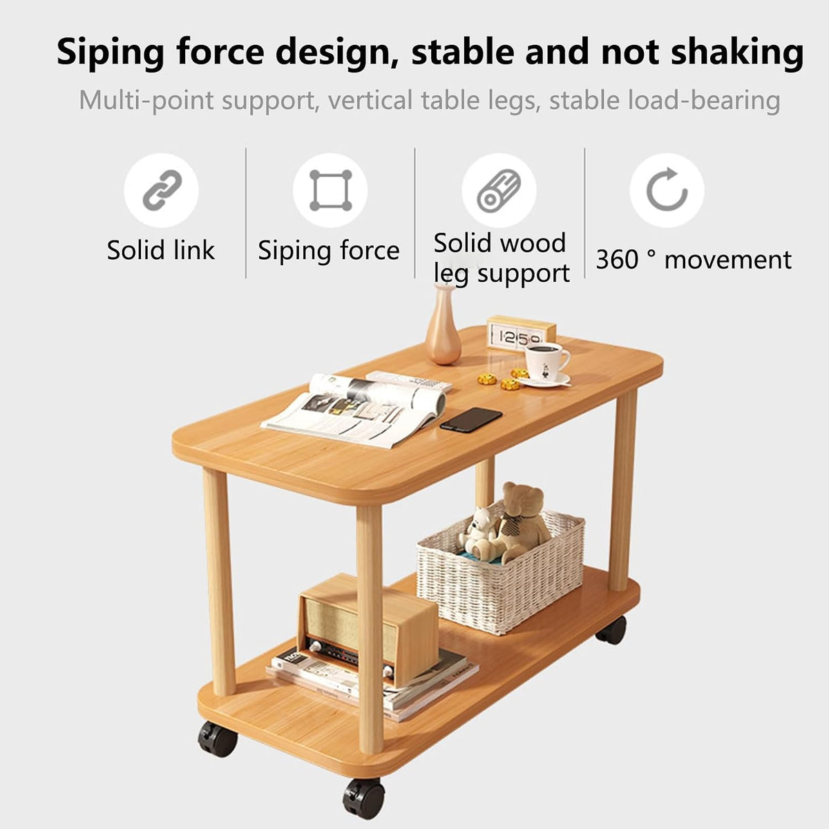 Rolling End Table with Wheels, 2-Tier 150lb Shelf, MDF Top Solid Wood Frame, Industrial Sofa/Coffee Table Wooden Color