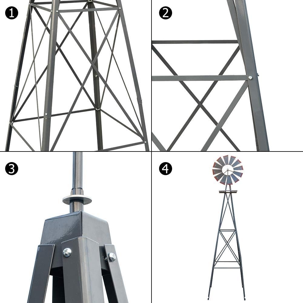 8FT Windmill for Yard Garden Decoration with Weather Vanes，Heavy Duty Outdoor Wind Mills, Large Metal Outdoor Windmill,Weather Resistant,Gray