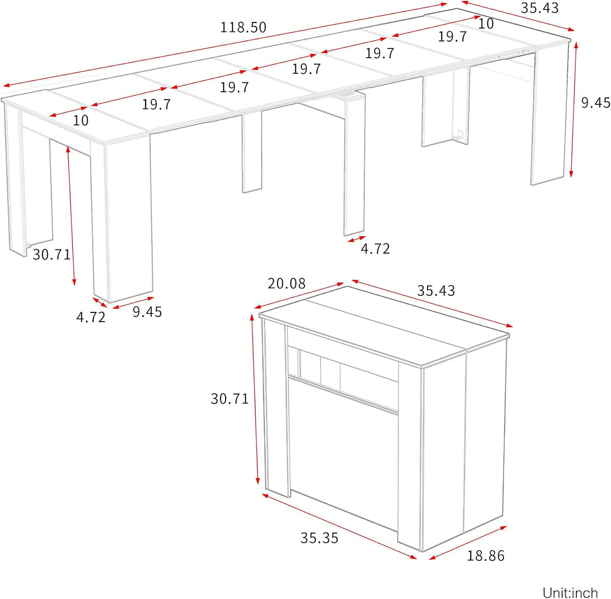 Extendable Dining Table, Transformer Console Table for 1-12 People, Folding Space Saving Dining Room Table for Homes, Apartments, Marble White