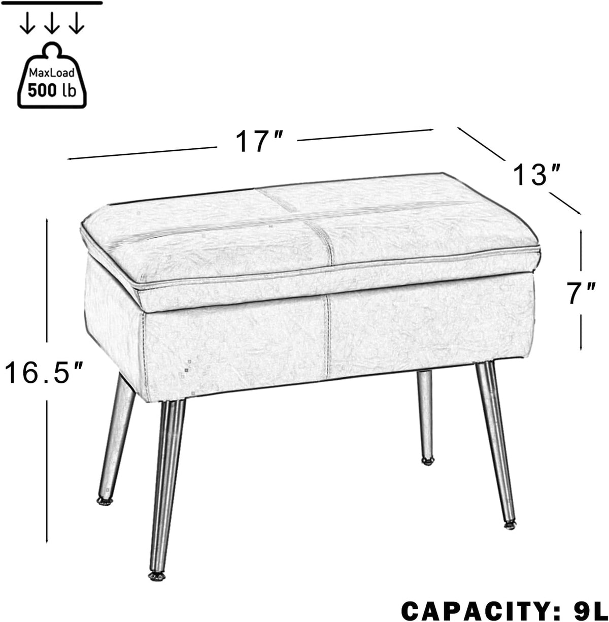 Square Storage Ottoman Upholstered Vanity Accent Stool Retro Brown | Square Mid-Century Modern Accent Dining Makeup Piano Stool with Padded Upholstered Seat & Metal Legs for Living Room Bathroom