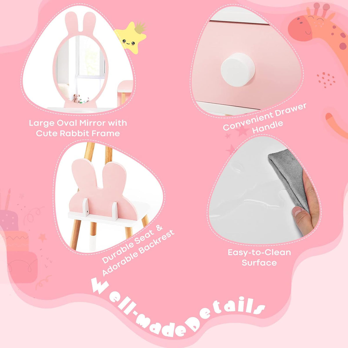 HONEY JOY Kids Vanity, Rabbit Themed Toddler Wooden Makeup Table and Chair Set w/2 Large Drawers, Beech Wood Legs, Princess Dressing Beauty Table, Girls Vanity Set with Mirror and Stool (Pink)