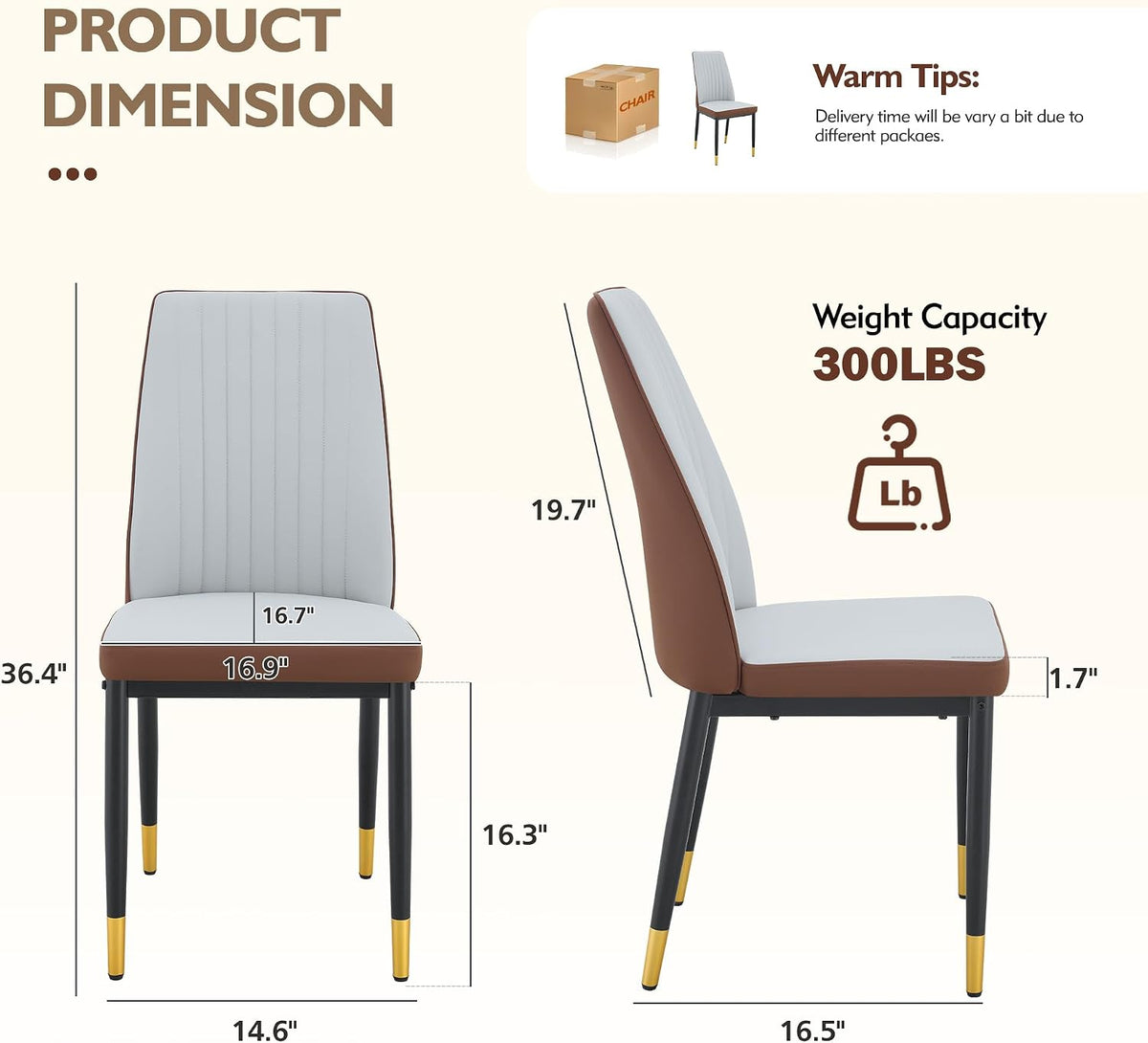 Dining Room Chairs Set of 6, Leather Two-Tone Leather Upholstery Kitchen Chairs with High Back, Vertical Channel Stitching, Powder-Coated Black Metal Legs for Dining Room, Kitchen, Living Room
