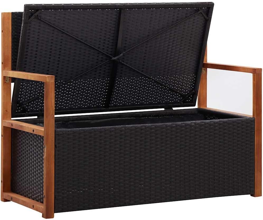 45.3" Storage Bench Poly Rattan and Solid Acacia Wood Outdoor Garden Bench with Interior Storage and Removable Cushion for Patio Deck Porch Black and Natural