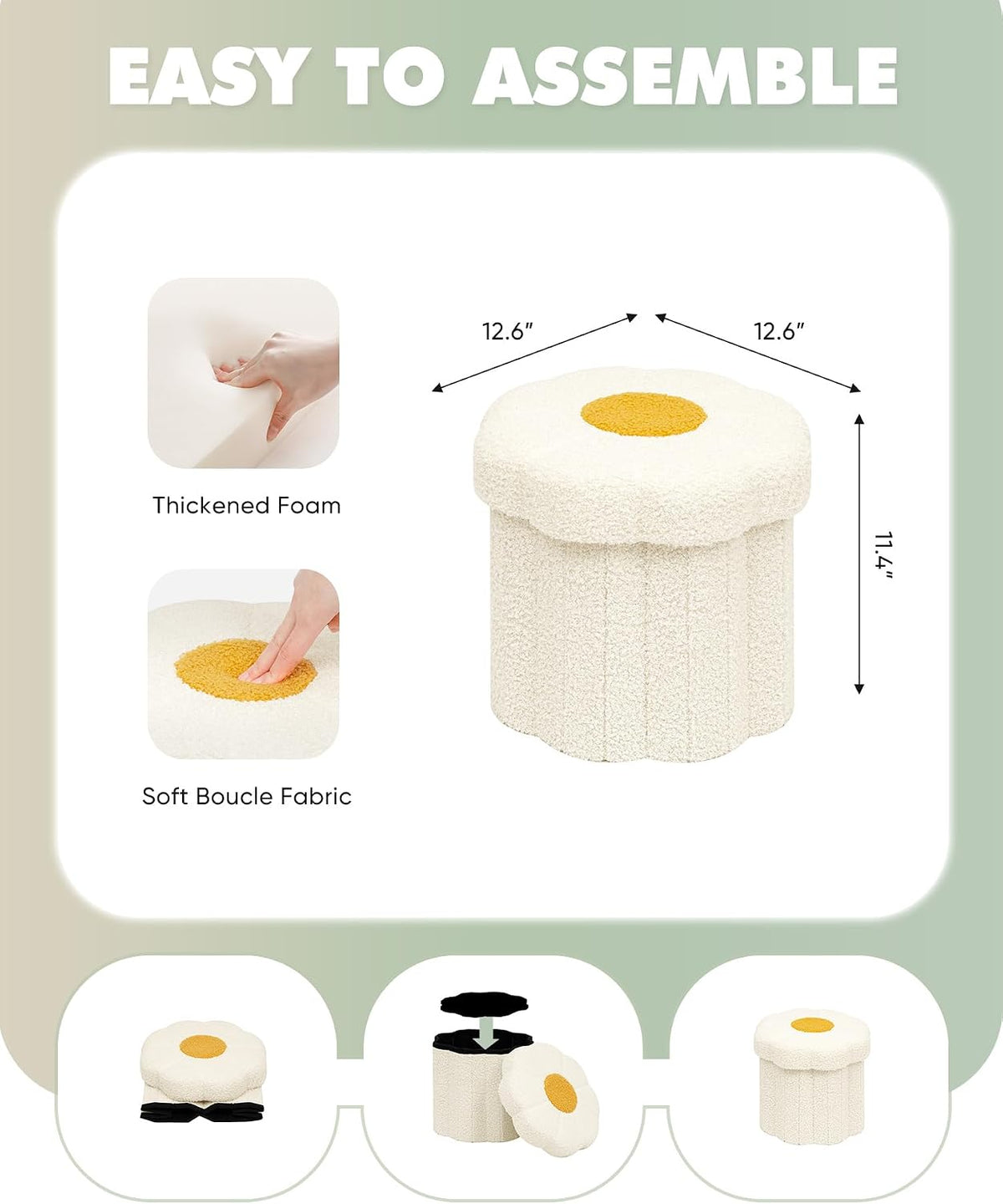 B FSOBEIIALEO Storage Ottoman Cube, 12.6" Ottoman with Storage, Cream White | Sunflower Shaped Footstool，Small Ottomans for Dorm , Faux Teddy Fur, Collapsible Folding Pouf Seat,Living Room, Entryway