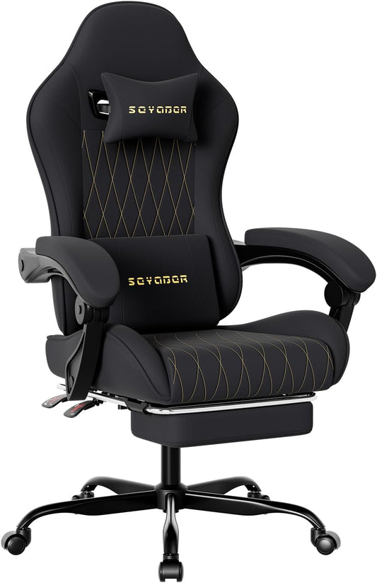 Breathable Fabric Gaming Chair with Footrest, Ergonomic High Back Computer Chair with Gold Diamond Stitching, Height Adjustable Swivel Office Chair with Lumbar Support for Adults,Black