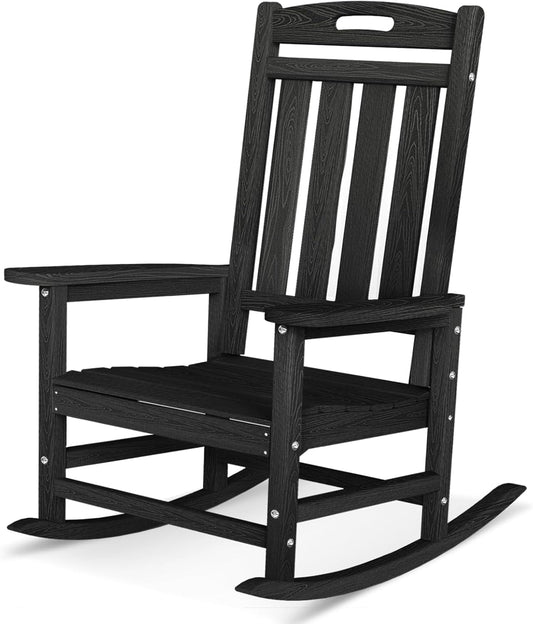 Oversized Outdoor Rocking Chair, HDPE Plastic High Back Rocking Chairs | Wood Grain, Heavy-Duty Patio Rocker, All Weather Outdoor Porch Chair, Lawn Chair for Outside, Deck, Fire Pit, Black