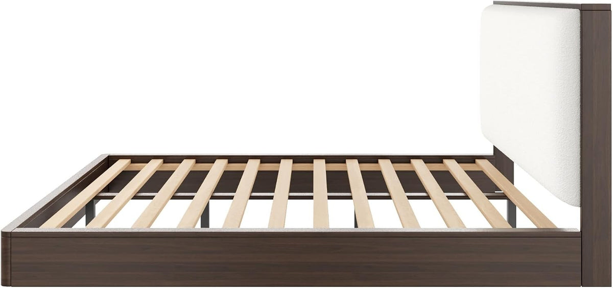 Queen Size Walnut Wood Platform Bed Frame with Soft Cloud Headboard