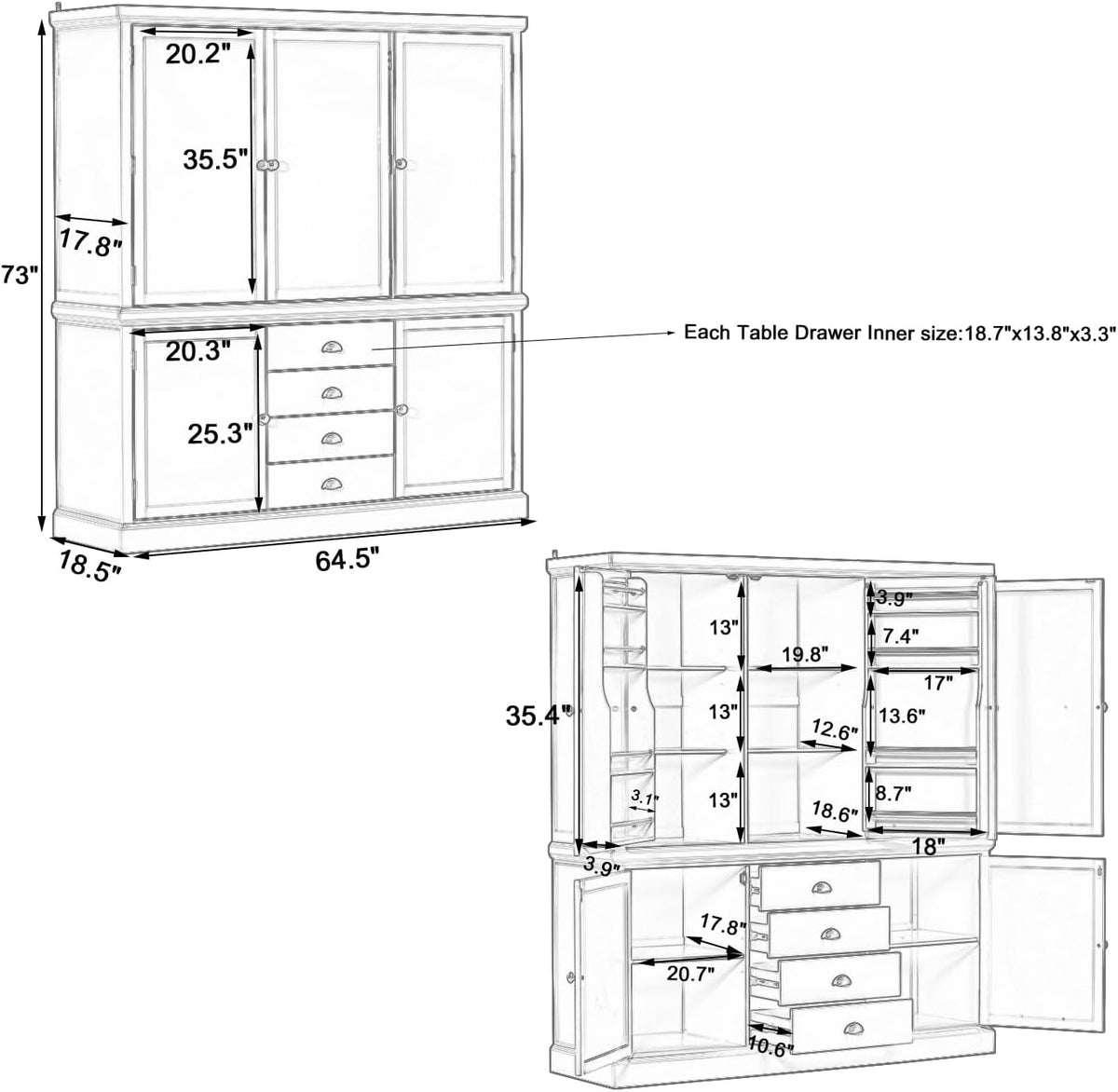 Polibi 73'' Freestanding Wooden Kitchen Pantry Cabinet with Drawers, Adjustable Shelves, and Magnetic Doors, Large Storage Organizer for Dining Room, Kitchen, or Utility Room, Gray