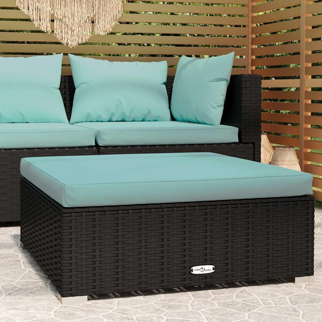 Outdoor Patio Footrest Ottoman with Aqua Cushion, Modular PE Rattan Footstool for Garden, Deck, and Backyard, Black, 27.6 x 27.6 x 11.8 Inch