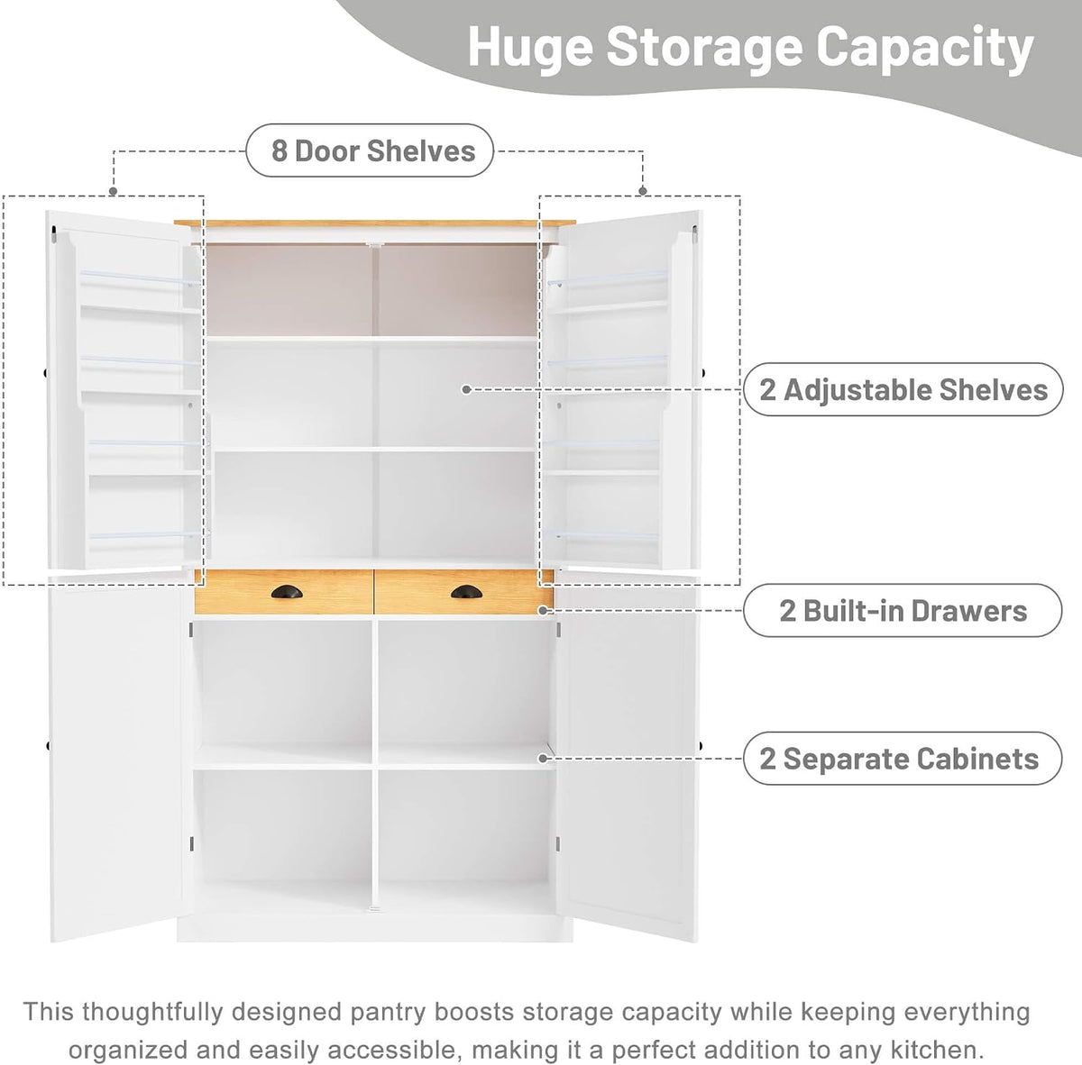 Litex 40.2" Wide Kitchen Pantry Cabinet, 71.3" Tall Freestanding Storage Cabinet with 2 Drawers, Adjustable Shelves & 8 Door Shelves, Large Farmhouse Kitchen Cupboard for Kitchen Dining Room (White)