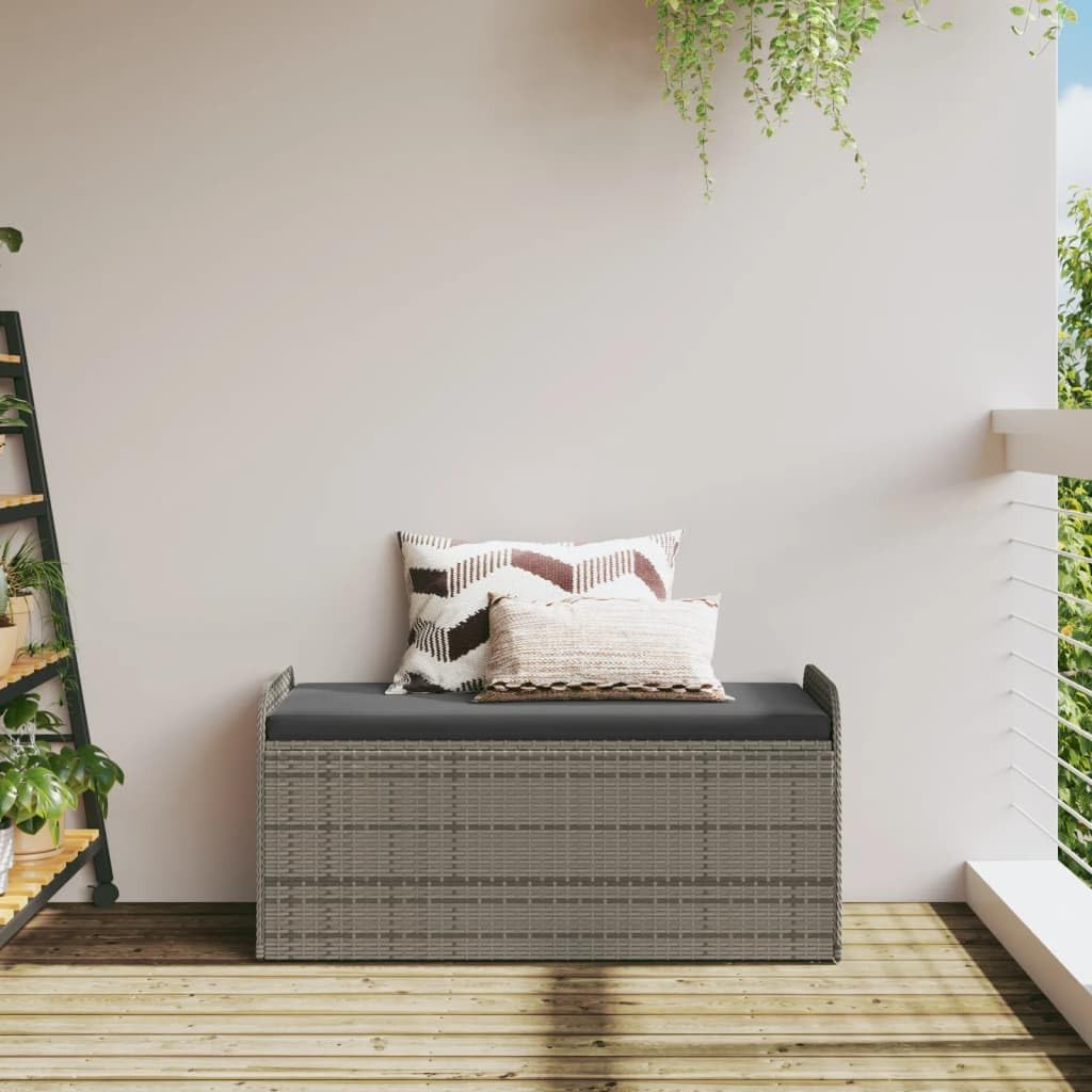Storage Bench for Patio Garden, Outdoor Seat with Hidden Storage Box, 2-Person Seating Capacity, Grey Woven PE Rattan with Powder-Coated Steel Frame