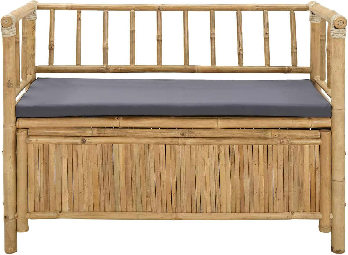 Bamboo Garden Storage Bench 110 x 47 x 80 cm, Outdoor Seat with Hidden Compartment, Natural Finish Post Leg Design for Patio or Indoor Use