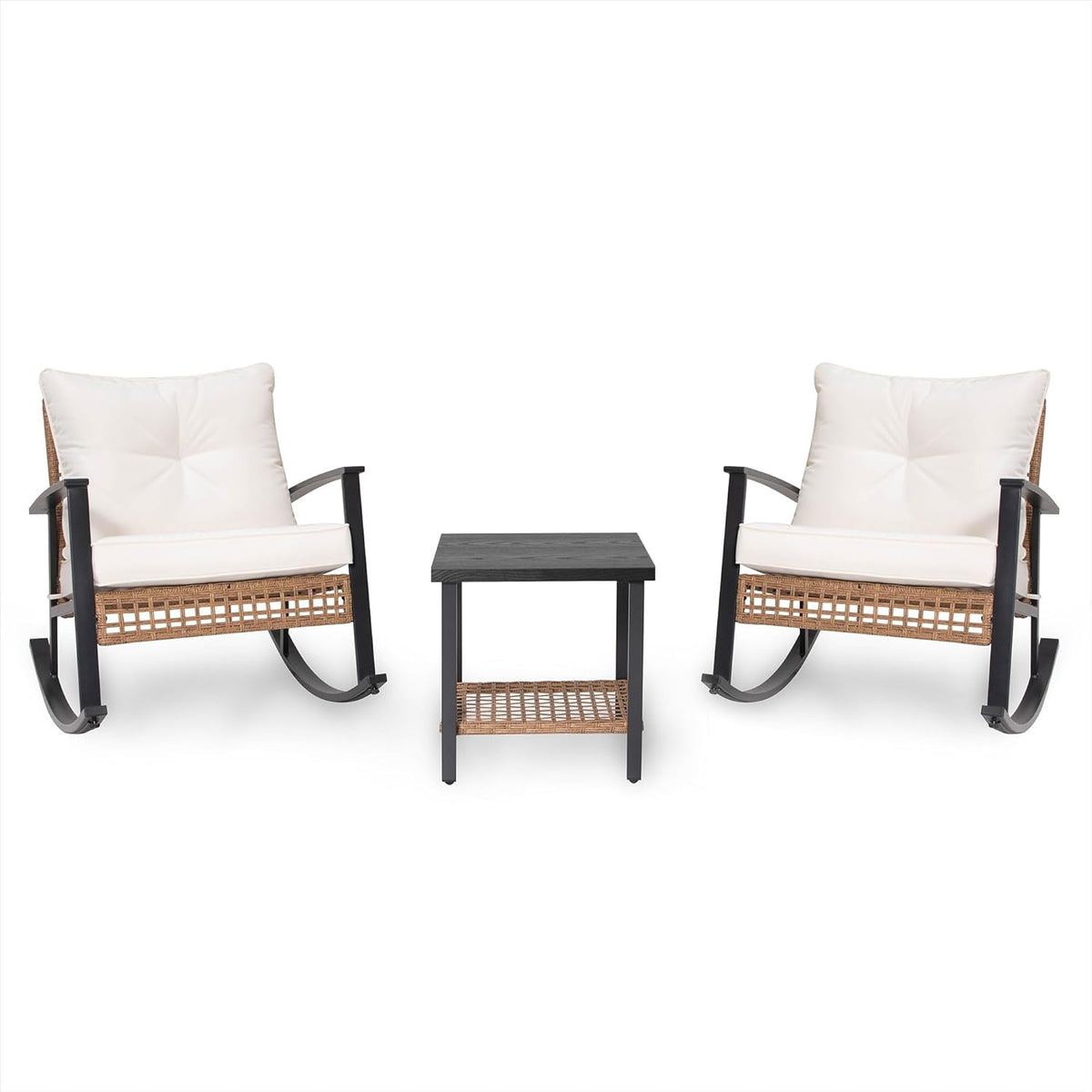 LAUSAINT HOME 3-Piece Rocking Bistro Set, Outdoor Patio Furniture with Thick Cushions and 2-Tier Coffee Table, Oversize Rattan Conversation Set for Garden, Balcony, Backyard (Beige)