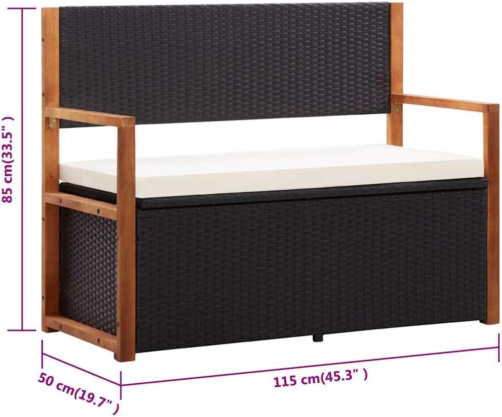 45.3" Outdoor Storage Bench - Poly Rattan Garden Bench with Solid Acacia Wood Armrests, Large Capacity Patio Seat with Removable Cushion for Backyard, Porch and Indoor Use, Black