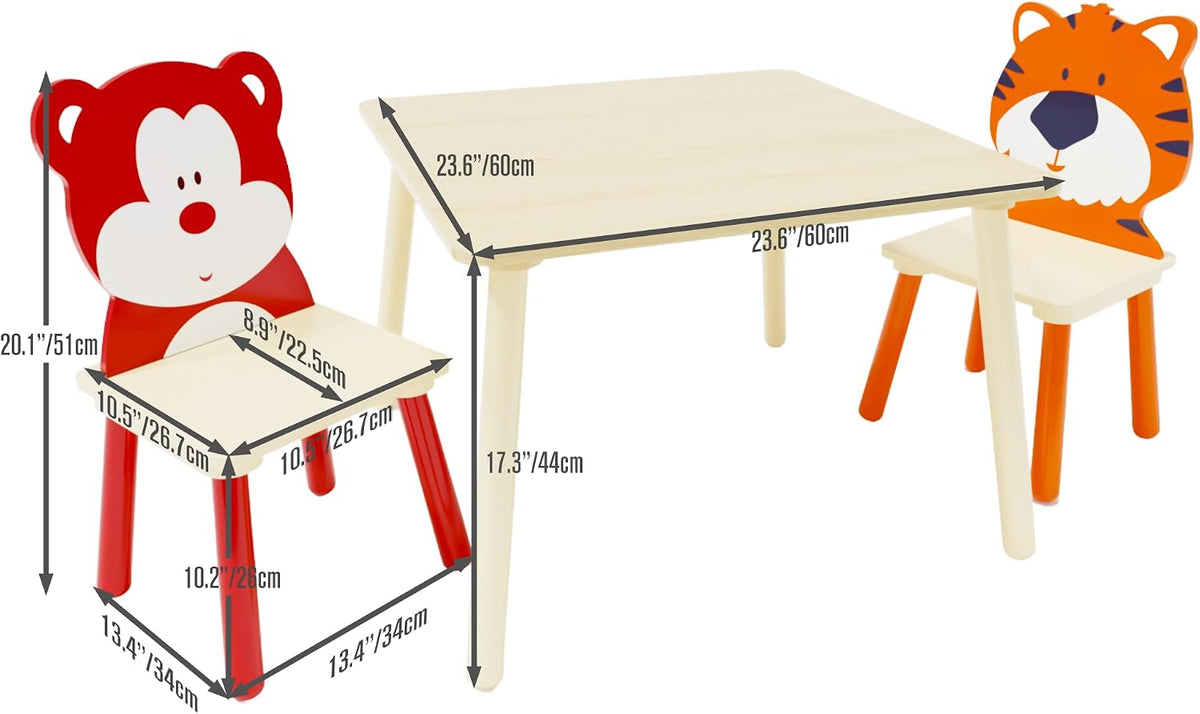 3 Pieces Toddler Table and Chair Set, Tiger & Bear Pattern Solid Wood Legs Heavy Duty Boys and Girls Activity Play Table and 2 Chairs Furniture for Playroom Daycare Kindergarten