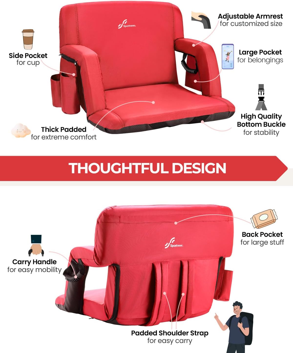 Sportneer Stadium Seats with Back Support: 2.5'' Thick Comfy Cushion 6 Adjustable Angle Bleacher Seat with Armrest - 2 Large Pockets, 2 Cup Holders Stadium Chair for Sport Events Concerts Parks