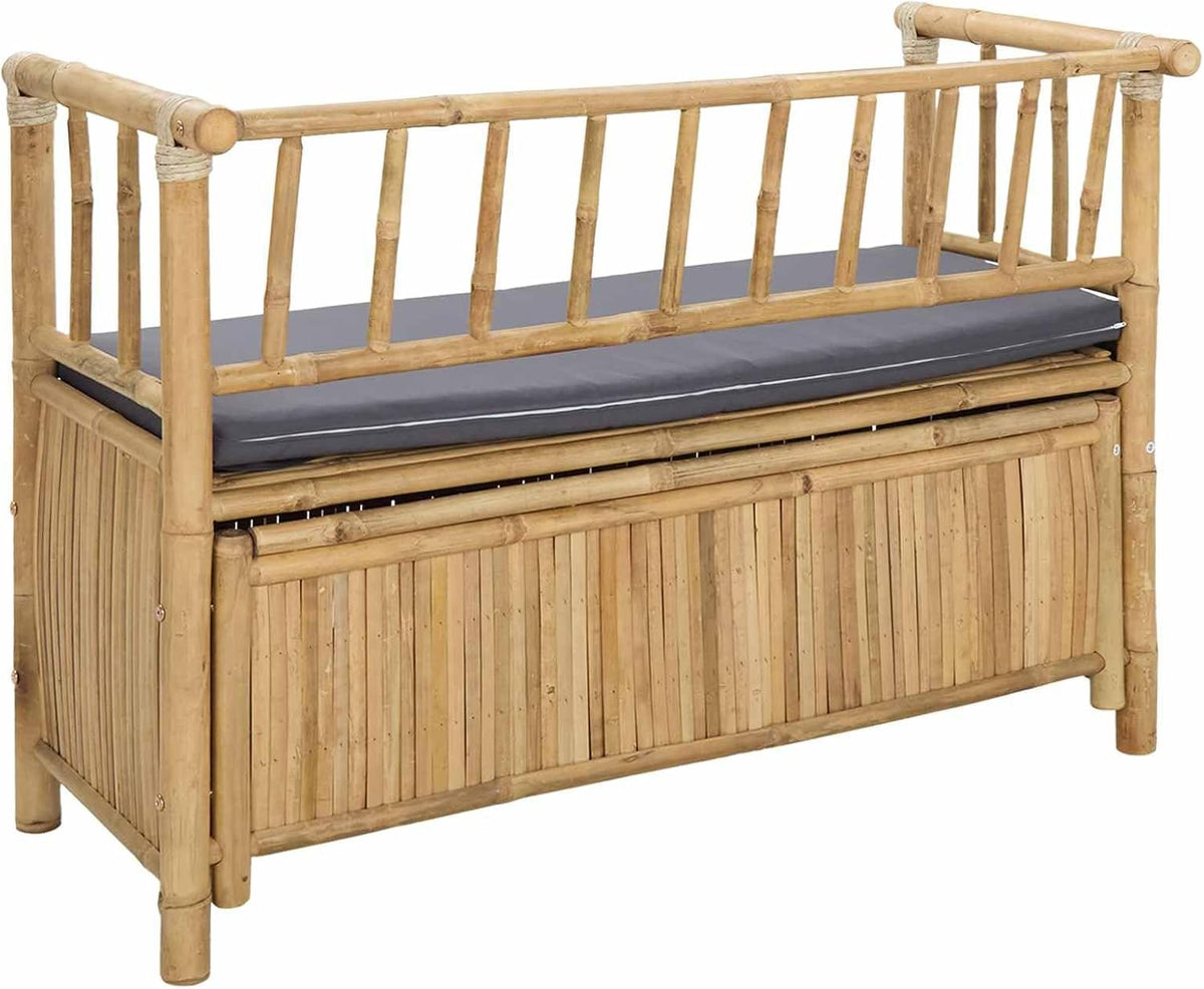 Bamboo Garden Storage Bench 110 x 47 x 80 cm, Outdoor Patio Seat with Hidden Compartment, Natural Finish Post Leg Design for Indoor or Outdoor Use