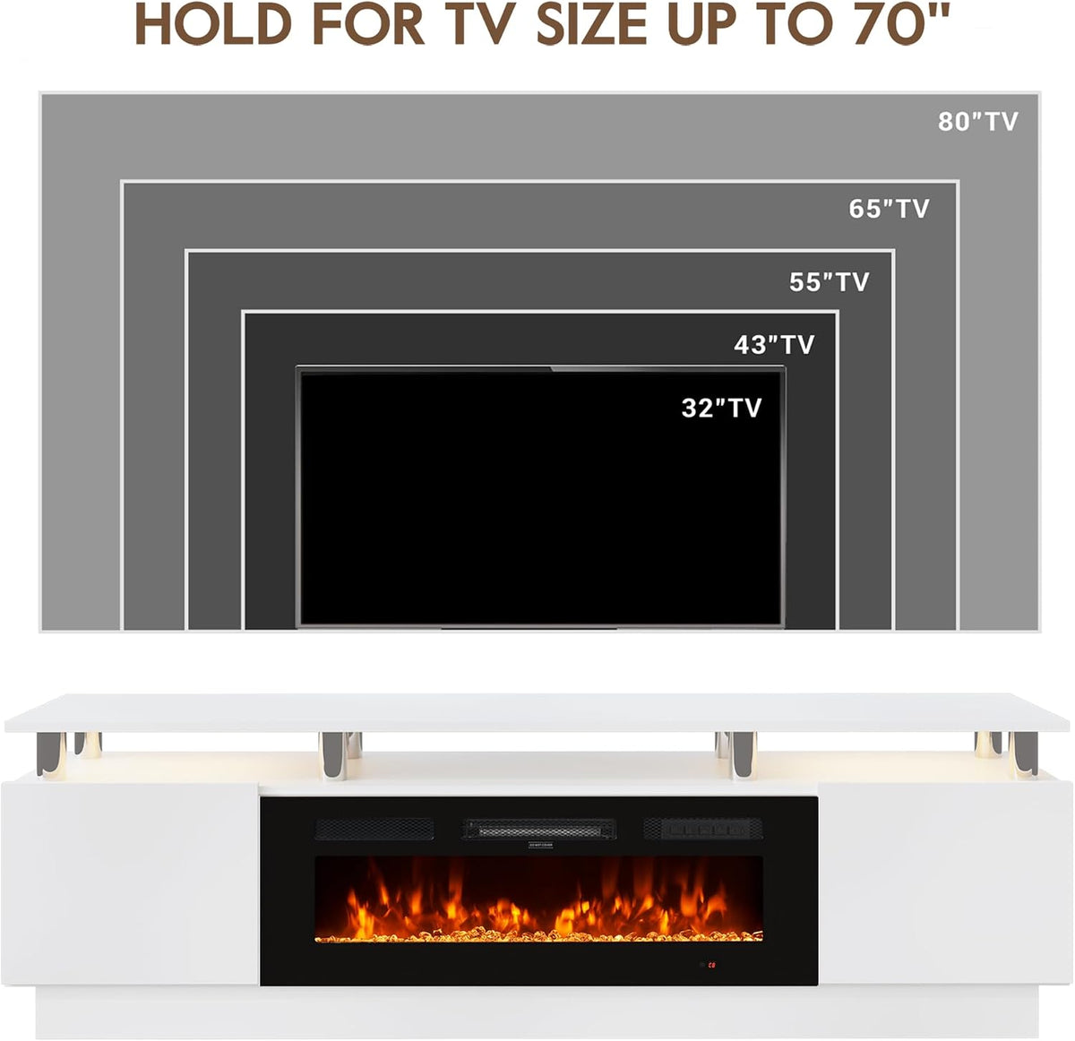70" Fireplace TV Stand for TVs UP to 80", Electric Fireplace Entertainment Center with LED Lights & Storage Cabinets, TV Console for Living Room, Office, White-Black