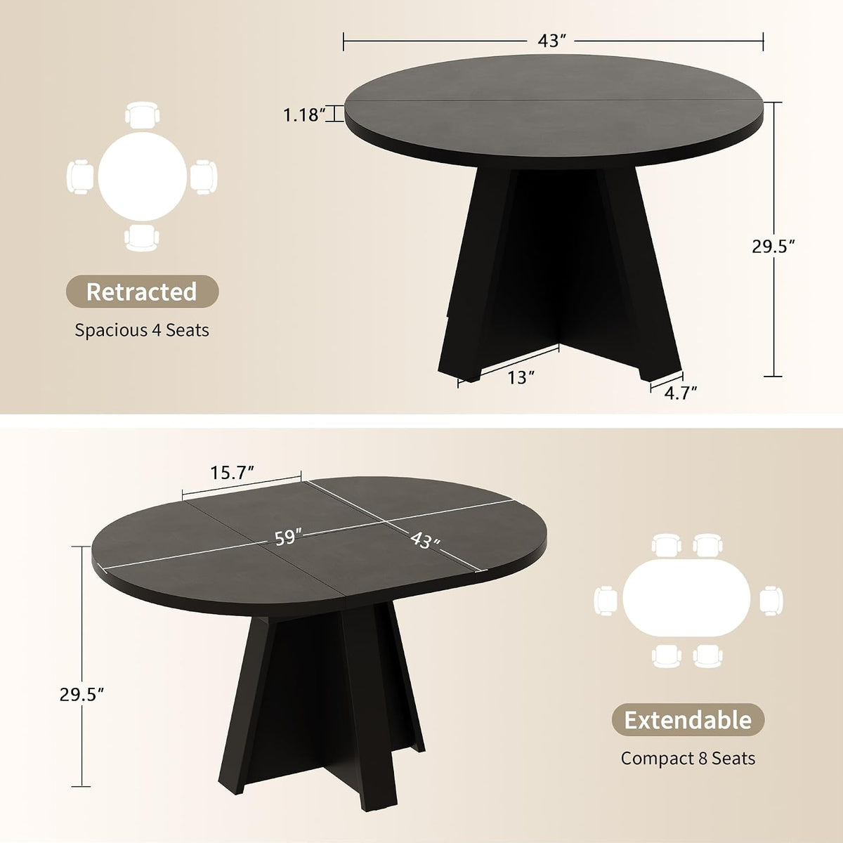 iPormis 43.3in-59in Extendable Round Dining Table for 4-6, Modern Wooden Kitchen Table for Dining Room, Adjustable Size Oval Circle Dinner Tables Furniture for Kitchen Living Room, Black