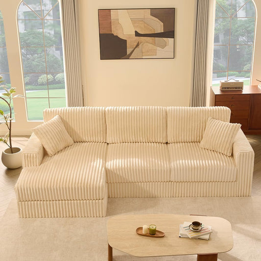 GOSUHI 113" L-Shaped Cloud Couch, Modular Sectional, Deep Seats, White | Pocket Spring Cushions, Oversized 3-Seater, Left Facing Chaise, Corduroy Upholstery Couches for Living Room
