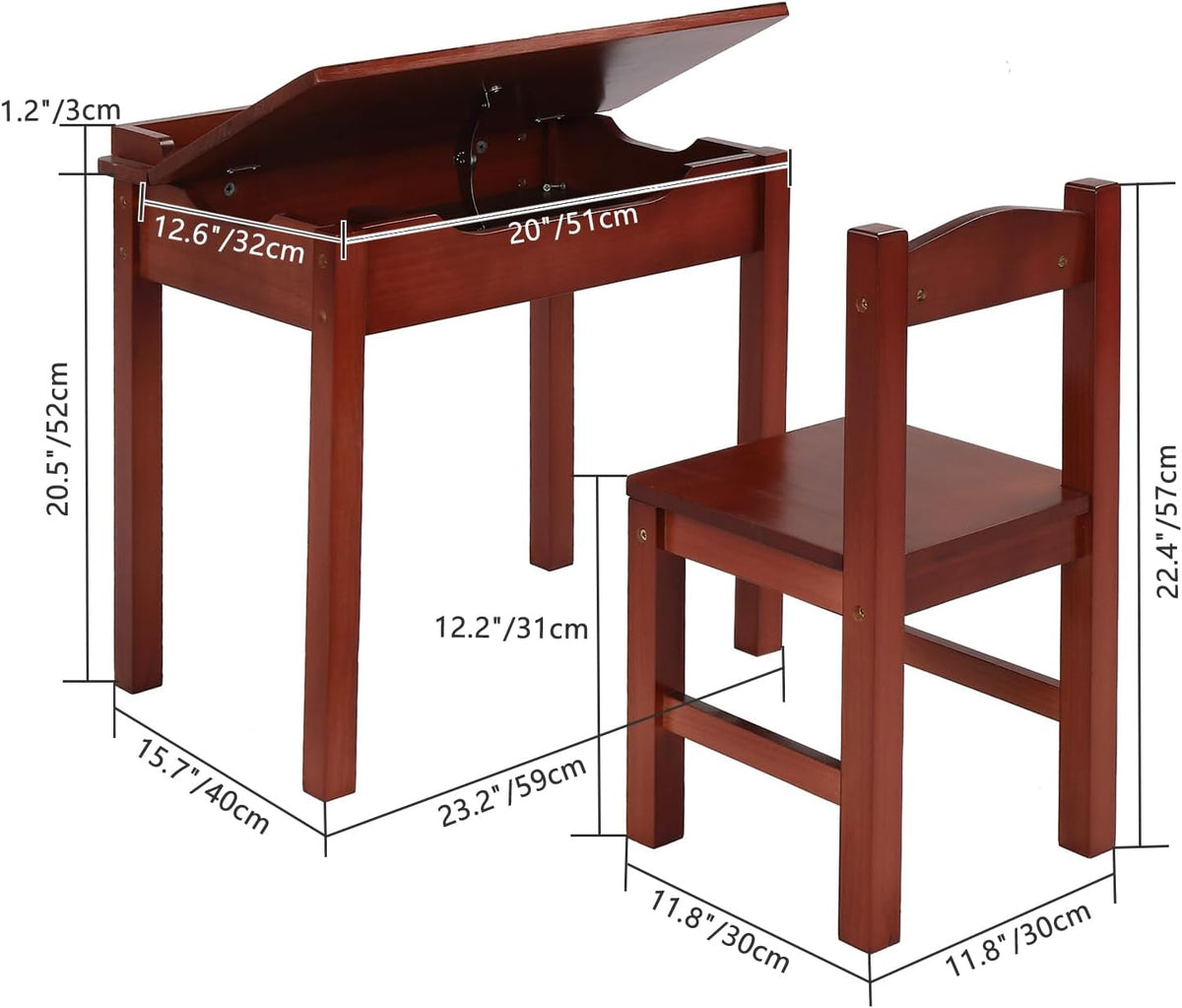 Vasitelan Table and Chair Set, Flip Top Wooden Study Desk w/Chair for Playroom, Wood Activity Table Set w/Storage Space (Coffee)
