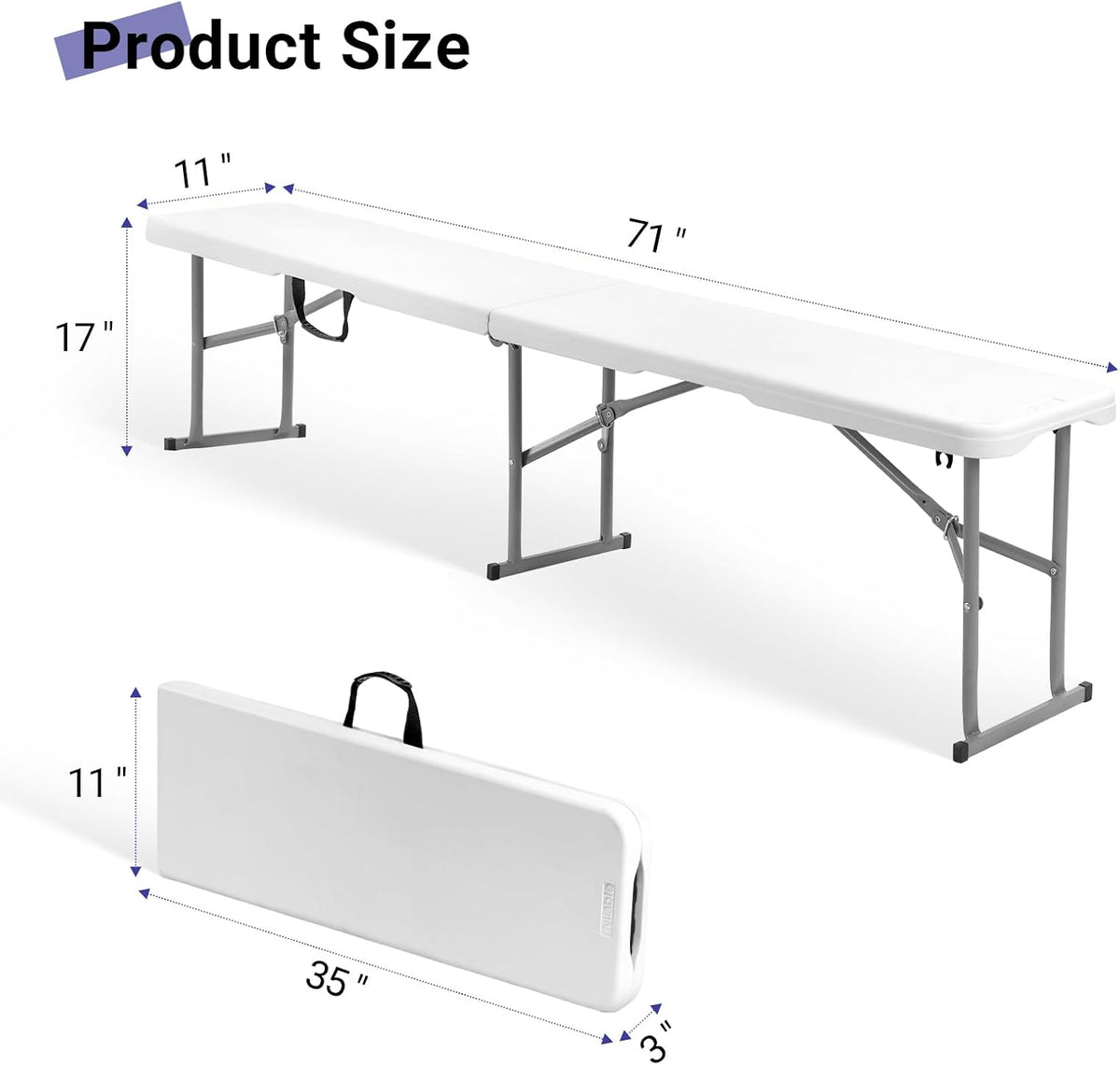 Byliable Folding Bench 6ft,Portable Plastic Bench Seat with Handle,White | Heavy Duty HDPE,Powder-Coated Steel Legs,Strong Weight Support,Indoor Outdoor for Parties,Gatherings,Dining,Camping,Events