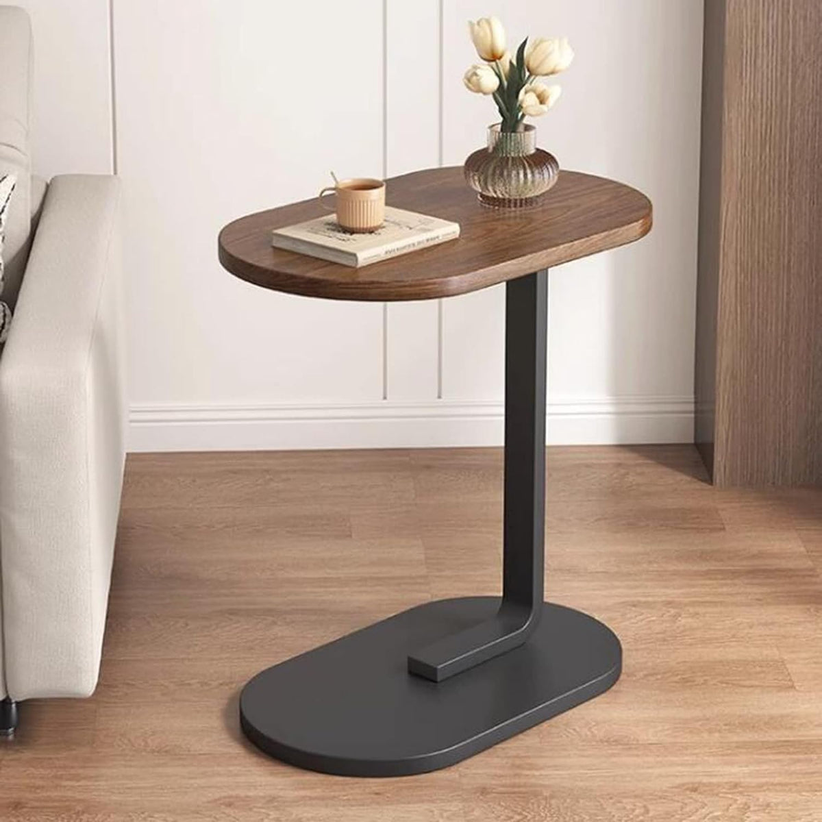Small Side Table End Table, C-Shaped Wood Coffee Table TV Tray for Eating Couch Tables for Small Space, Living Room, 12 x 18 inch Top, 24.5 inch Height, Metal Frame (Walnut & Black)