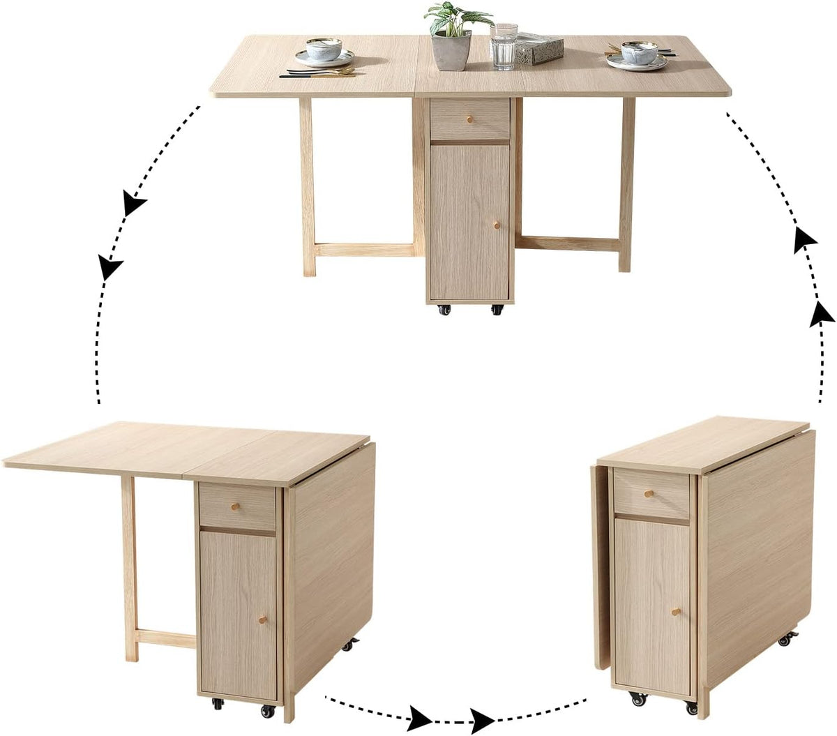 COMUHOME Drop Leaf Folding Dining Table with Storage, Wheels, Space Saving | Foldable Design, 18mm Thick Plywood, 300 lbs Capacity, Locking Wheels, Farmhouse Style, for Living Room Kitchen Small Spaces